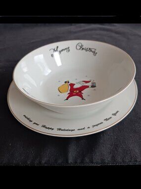 Holiday Dinnerware Ceramic Merry Christmas Santa Plate and Bowl Set Merry Brite